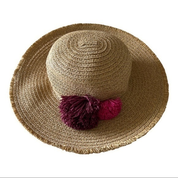 Women Straw Packable Floppy Fringe Natural Summer Hat With Pink Pom Pom - Picture 3 of 7